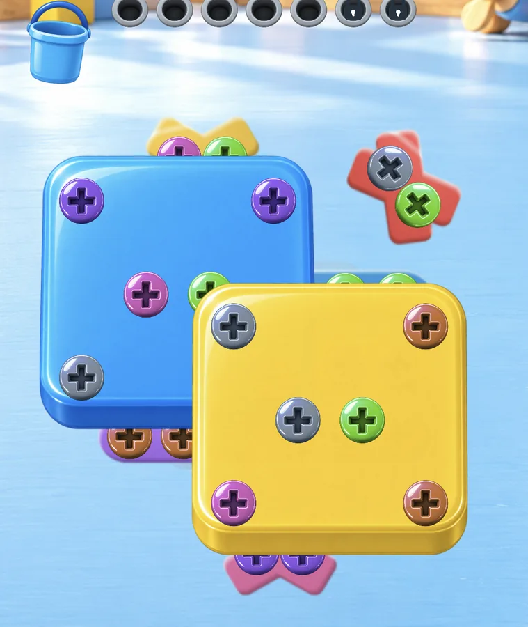 Overlapping yellow and blue boards secured by colored screws.